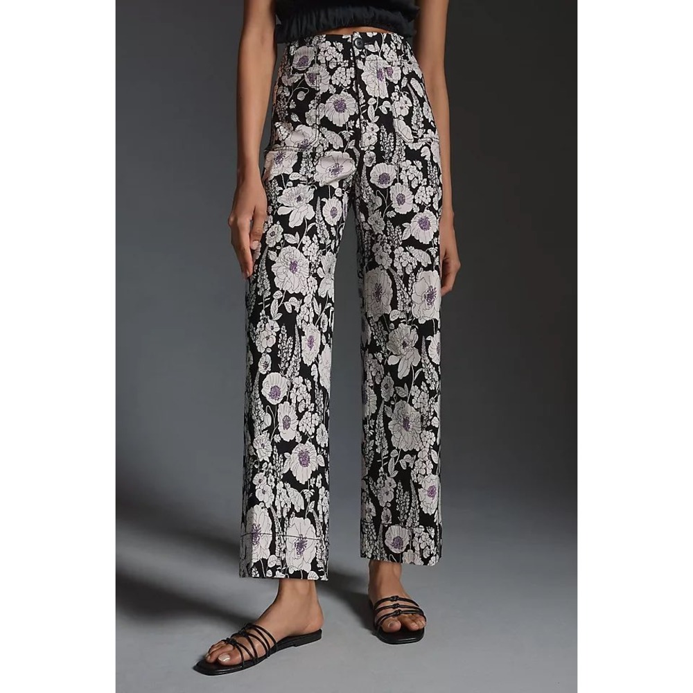 Maeve Anthropologie Colette Wide Leg Cropped Floral Pants Black Purple 29